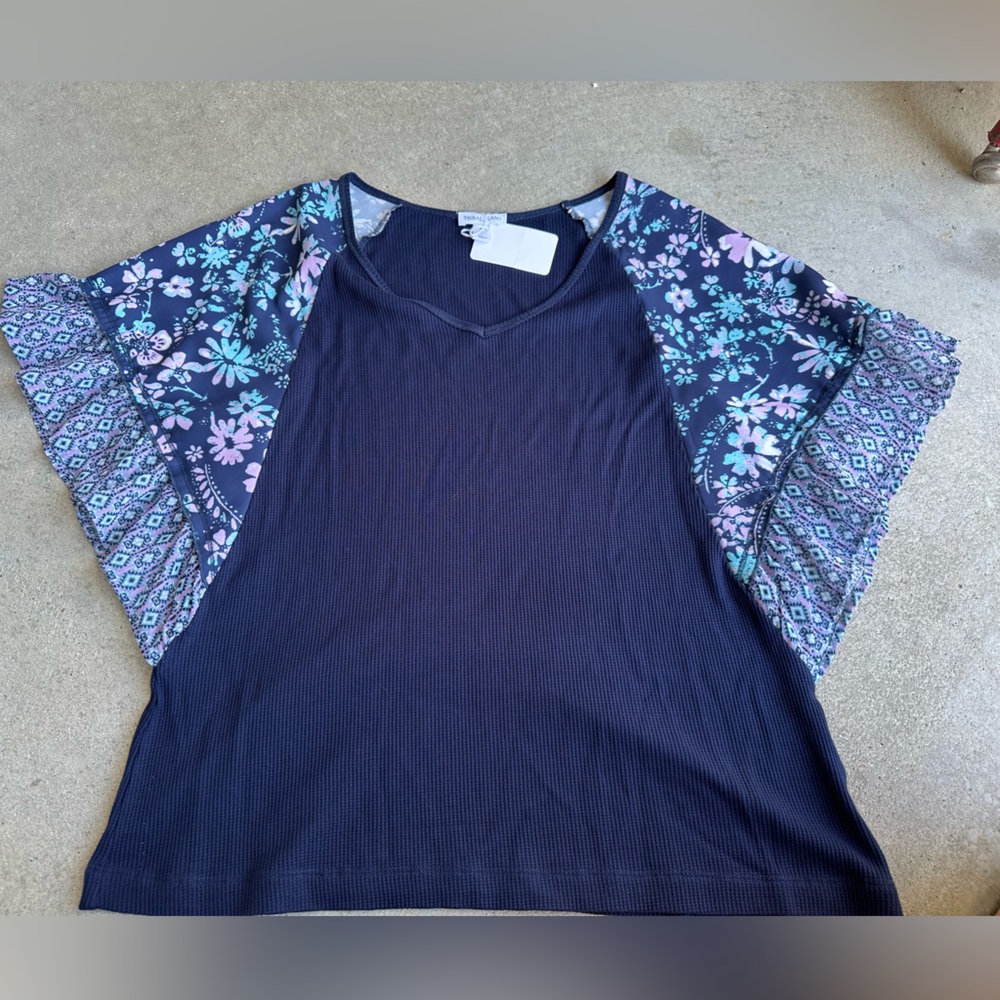 Multimedia Waffle Knit Top Floral print in shades of blue Purple flutter sle…